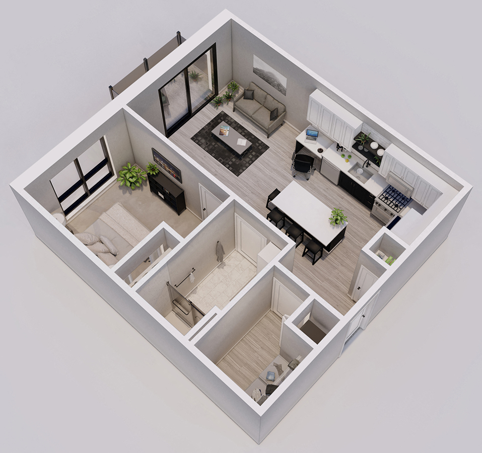 Floor plan for 1 bed, 1 bath, 636 sqft